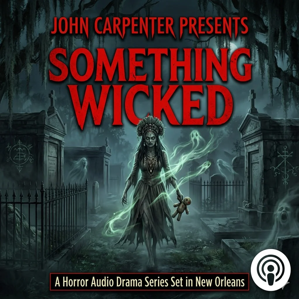 John Carpenter Presents Something Wicked podcast horror series artwork with dark New Orleans background and supernatural theme