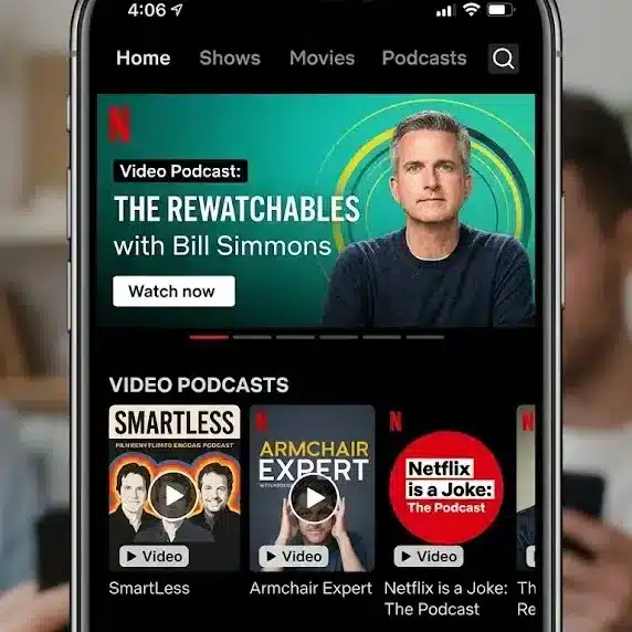 Netflix app interface displaying video podcasts alongside trending shows on a mobile device screen