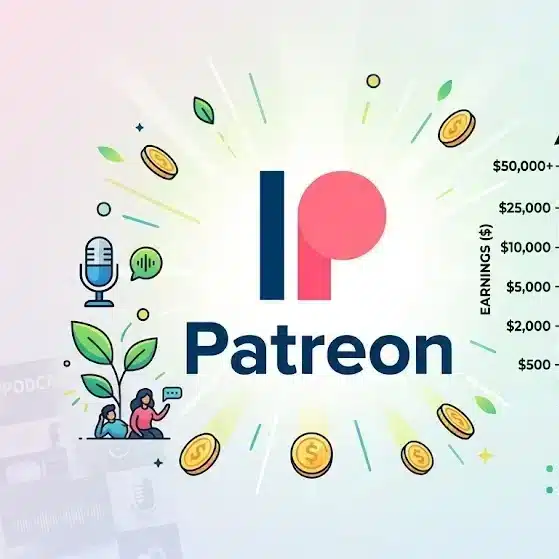 Patreon logo with podcast earnings growth chart
