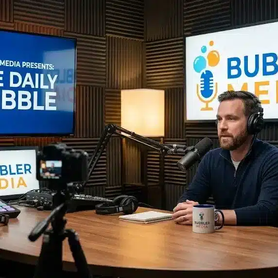 Podcast host recording video podcast in studio with branding setup