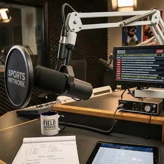Podcast microphone setup for sports news recording