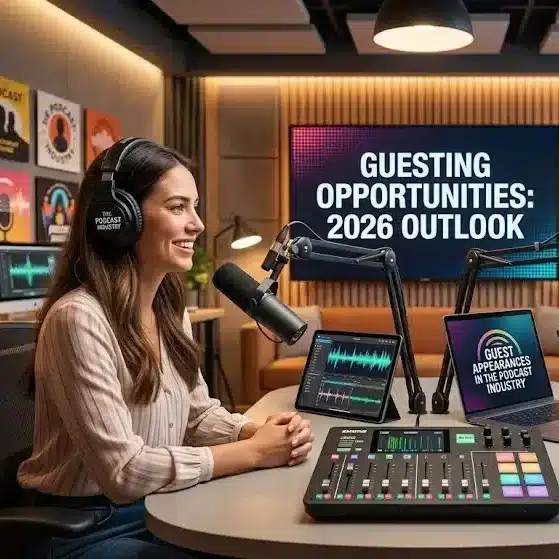 Podcast studio setup with microphone and headphones representing growing opportunities for guest appearances in the podcast industry