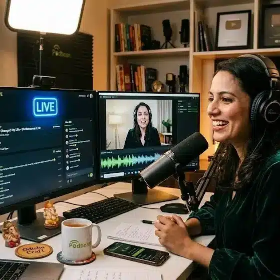 Podcaster hosting live session on Podbean Live platform