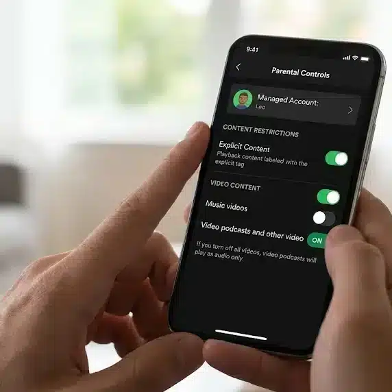 Spotify parental controls settings screen showing video toggle option
