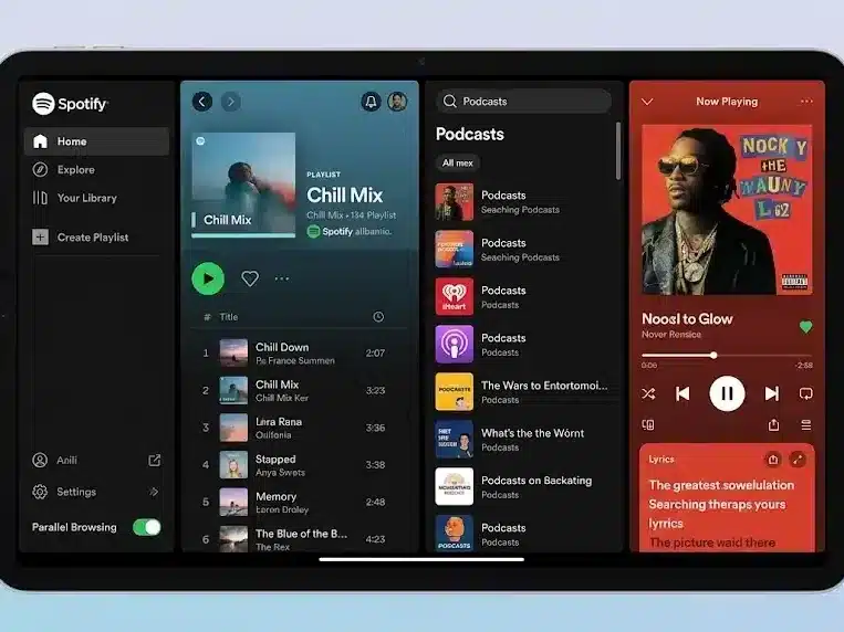 Spotify tablet app redesign interface showing sidebar, adaptive layout, and parallel browsing features
