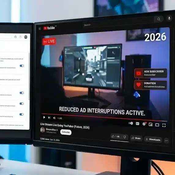 YouTube live streaming interface showing reduced ad interruptions and active viewer chat engagement