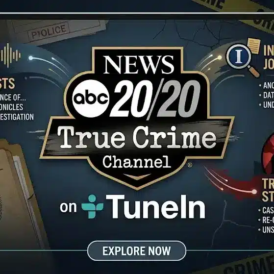 ABC News launches 20/20 True Crime channel on TuneIn featuring podcasts, investigative journalism, and true crime storytelling.