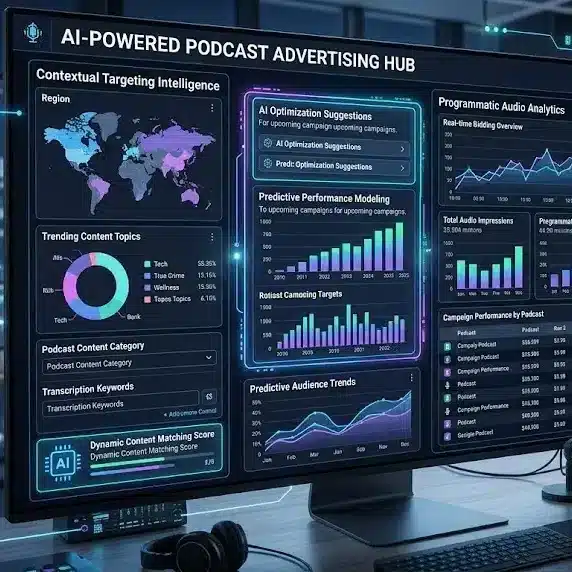 AI-powered podcast advertising dashboard showing contextual targeting and programmatic audio analytics