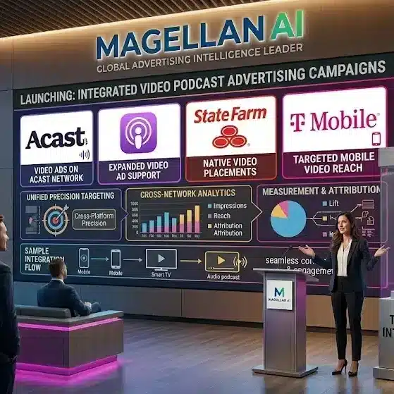 Acast, Apple Podcasts, State Farm, and T-Mobile logos representing the launch of integrated video podcast advertising campaigns.