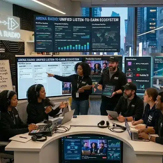 Arena Radio podcast platform interface showcasing listen-to-earn rewards system for creators and listeners in a digital streaming ecosystem