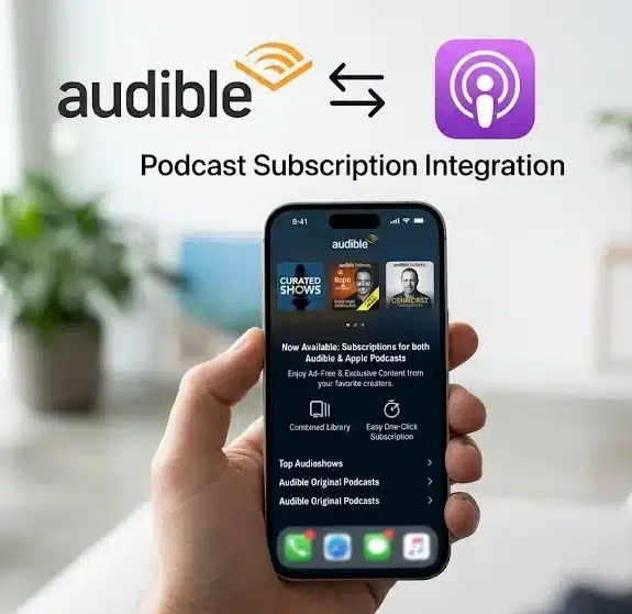 Audible and Apple Podcasts logos displayed on a smartphone screen representing the new podcast subscription integration.