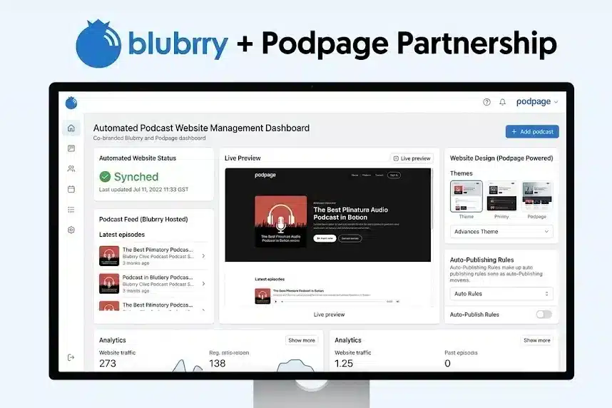 Blubrry and Podpage partnership dashboard for automated podcast website management
