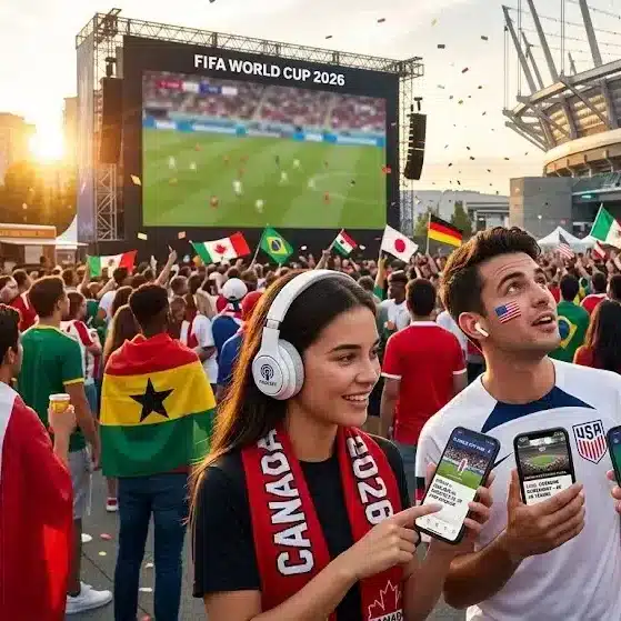Fans listening to football podcasts on headphones while following 2026 FIFA World Cup updates on mobile devices