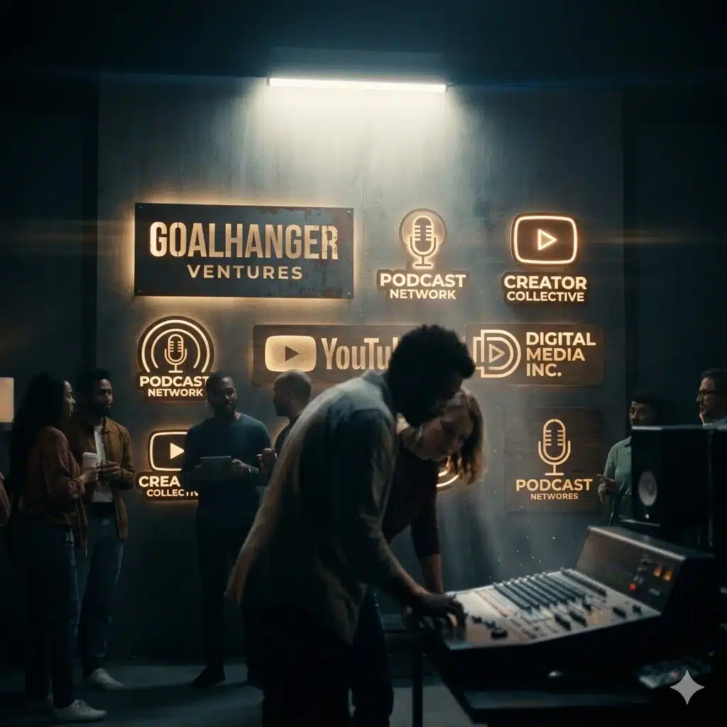 Goalhanger Ventures logo alongside creator-led media brands including podcasts, YouTube creators, and digital content entrepreneurs