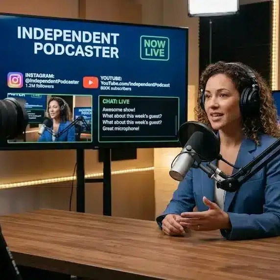 Independent podcaster recording a video podcast in a professional studio with microphone, camera setup and social media graphics visible on screen