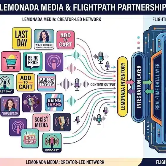 Lemonada Media and Flightpath partnership illustration showing podcast advertising analytics and inventory management system