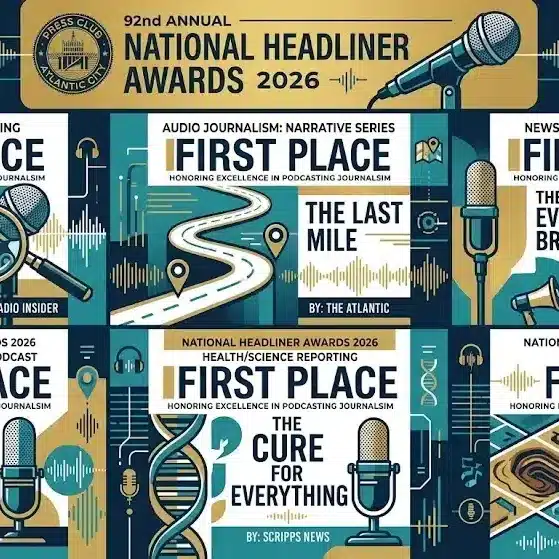 National Headliner Awards 2026 podcast winners announcement with audio journalism concept and microphone visuals