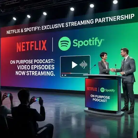 Netflix and Spotify announce streaming partnership for On Purpose podcast video episodes.