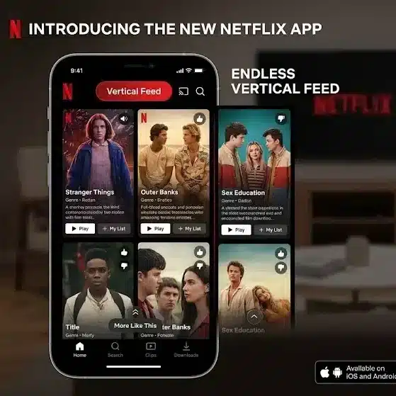 Netflix mobile app redesign showing vertical video feed and Clips feature for content discovery