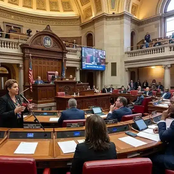 New York lawmakers discussing AI regulation in journalism and media transparency laws during legislative session