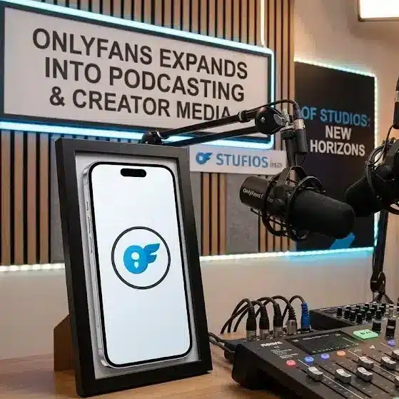 OnlyFans app logo displayed beside podcast microphones and creator studio equipment representing the platform’s expansion into podcasting and creator media.