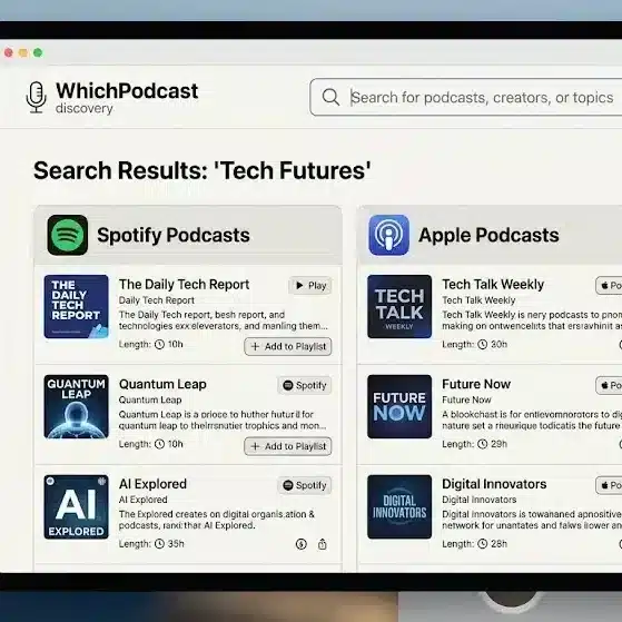 Screenshot of WhichPodcast podcast discovery platform showing cross-platform search results from Spotify, Apple Podcasts and YouTube in a minimalist interface.