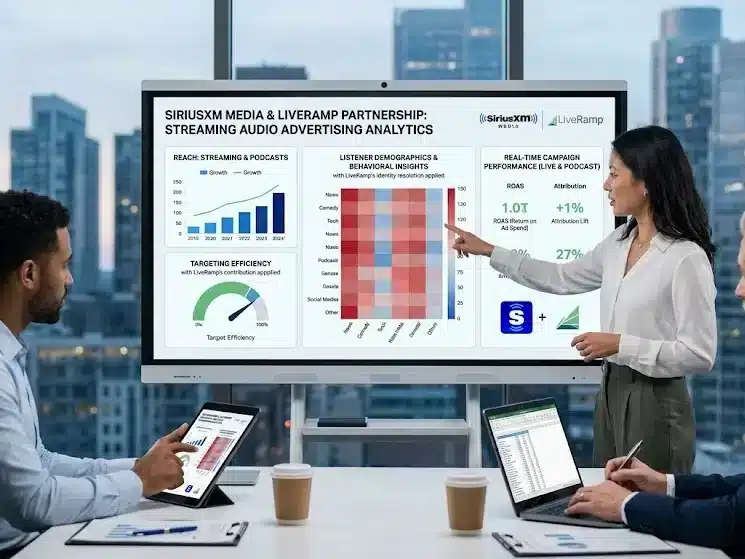 SiriusXM Media and LiveRamp partnership concept showing podcast and streaming audio advertising analytics on digital devices