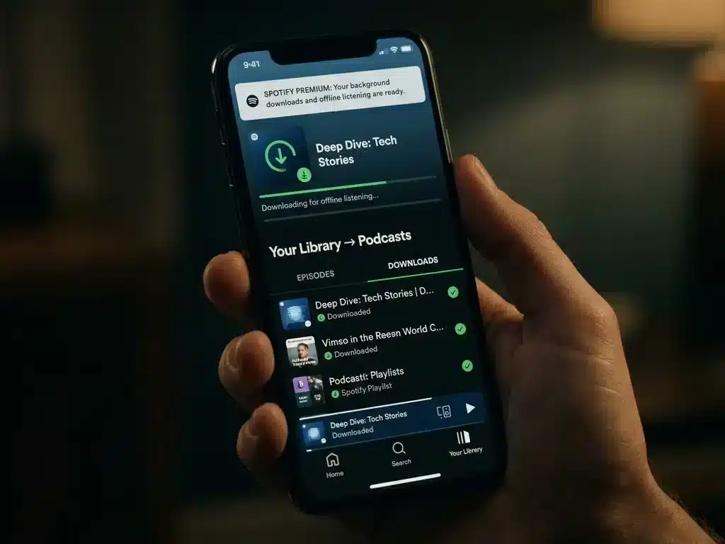 Spotify app displayed on an iPhone screen showcasing background podcast downloads and offline listening features for Premium users.