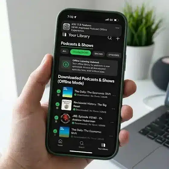 Spotify app displayed on an iPhone showing podcast downloads and offline listening features after the latest iOS update.