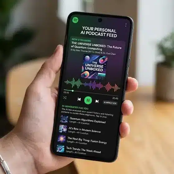 Spotify app displaying AI-generated personal podcast interface on smartphone screen with audio streaming visuals