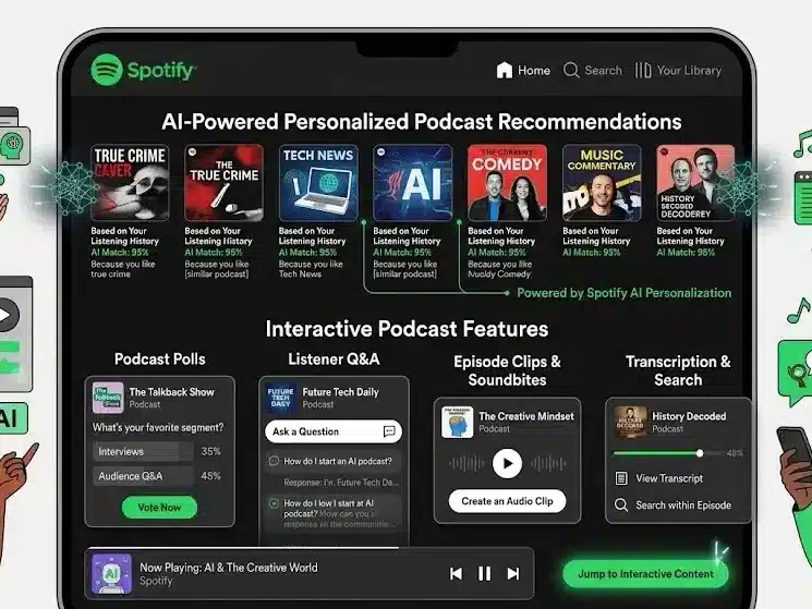Spotify app showcasing AI-powered personalized podcast recommendations and interactive podcast features.