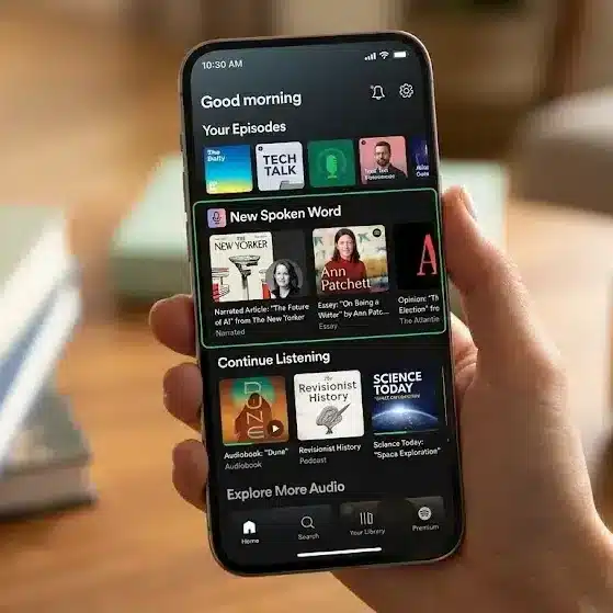 Spotify mobile app displaying narrated magazine articles and spoken-word audio content alongside podcasts and audiobooks.