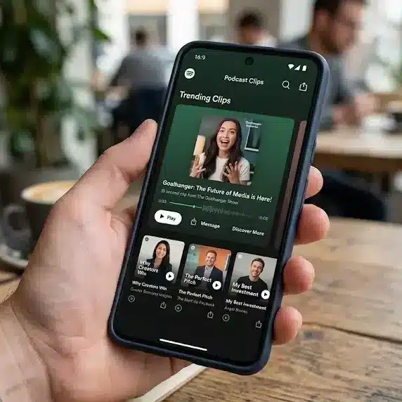 Spotify podcast clips feature displayed on smartphone screen for podcast sharing and discovery