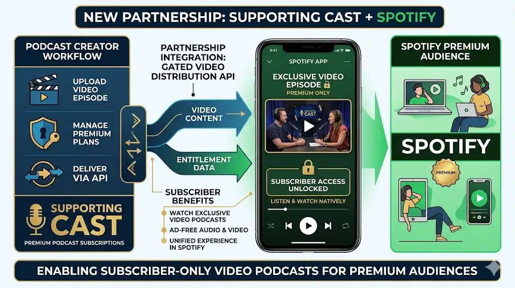 Supporting Cast and Spotify partnership enabling subscriber-only video podcasts for premium podcast audiences
