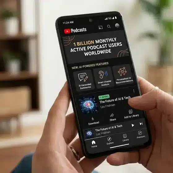 YouTube Podcasts app displayed on a smartphone screen showcasing new AI-powered podcast features and reaching 1 billion monthly active podcast users worldwide.
