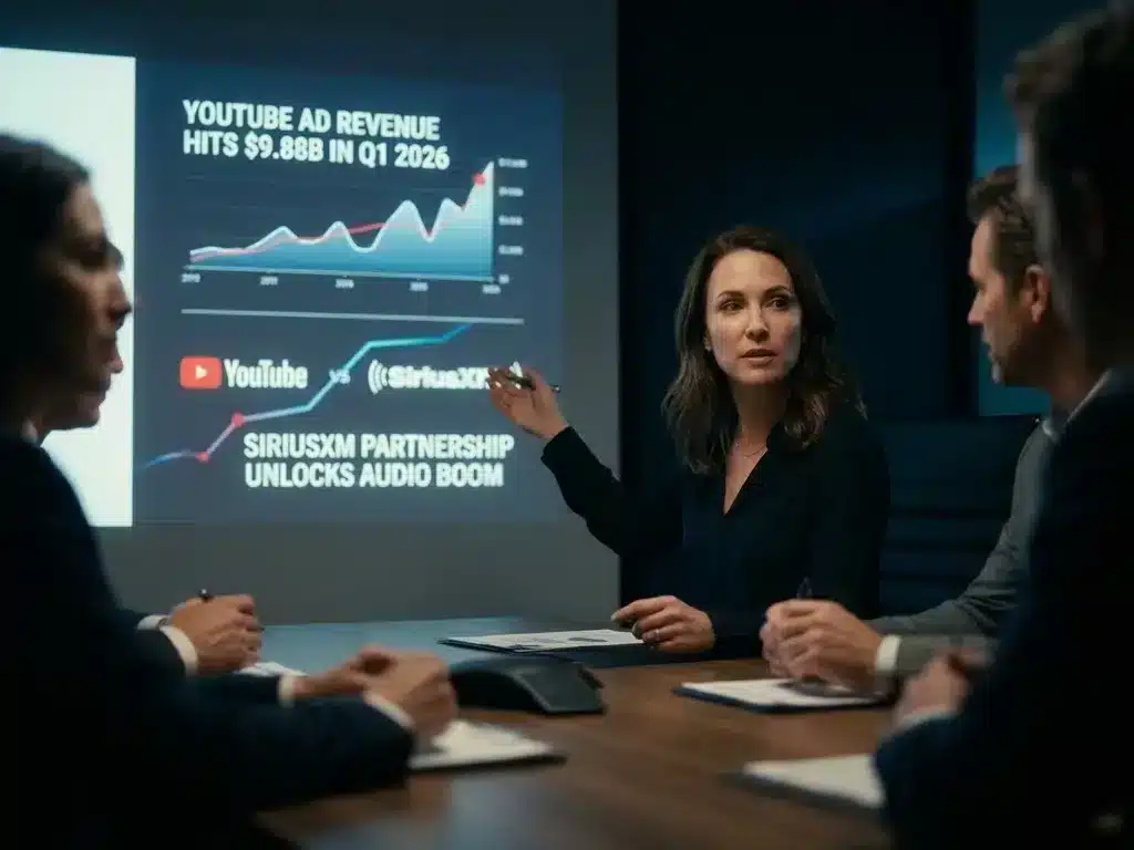 YouTube app on TV screen showing video and audio content with rising ad revenue growth concept”