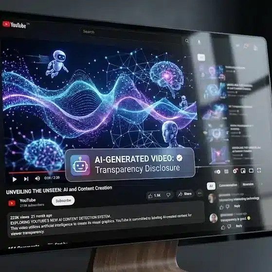 YouTube displayed on a digital screen with AI-generated video graphics and transparency labels representing YouTube’s new AI content detection system.