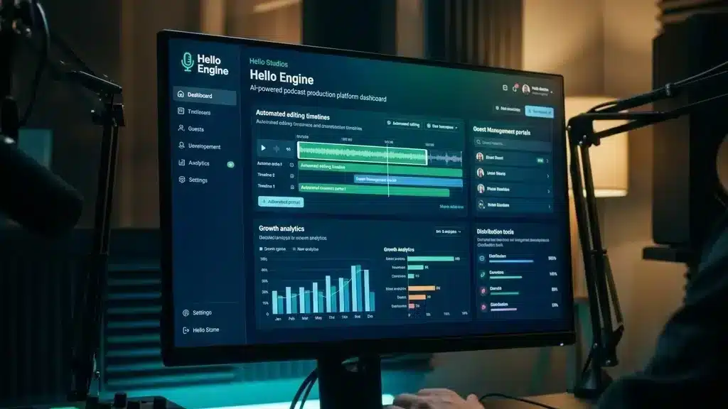 Hello Studios Hello Engine AI-powered podcast production platform dashboard helping creators launch and grow podcasts through automation and analytics.
