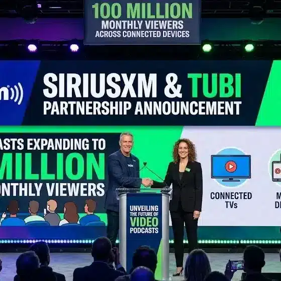 SiriusXM and Tubi partnership announcement showcasing video podcasts expanding to 100 million monthly viewers across connected TVs, mobile devices, and streaming platforms.